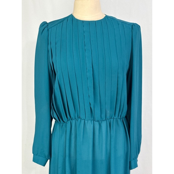Vintage C&R Teal Blue Pleated Bodice Secretary Dress 80s Long Sleeve, 40 bust, L - Picture 2 of 13